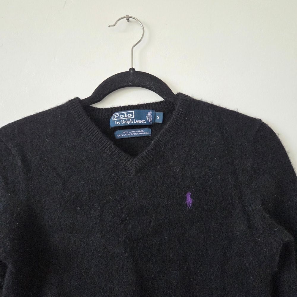 Polo Ralph Lauren 100% Lambswool Sweater Black Purple Pony Women Small *Flawed*